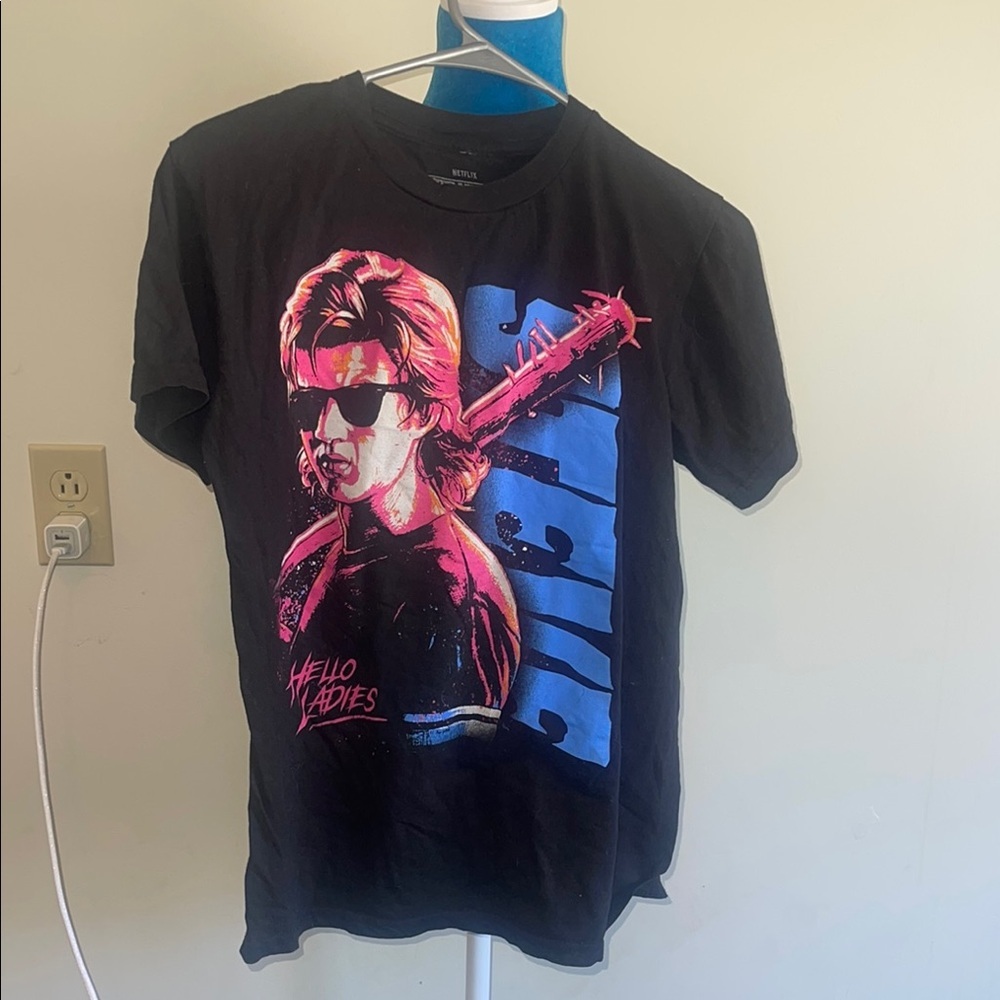 Netflix Black Graphic Tee with Pink and Blue Design Stranger Things